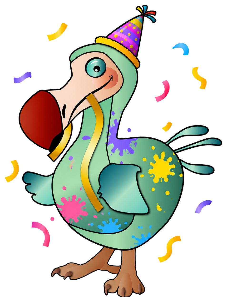 Event-Dodo mit Partyhut und Nudelkonfetti