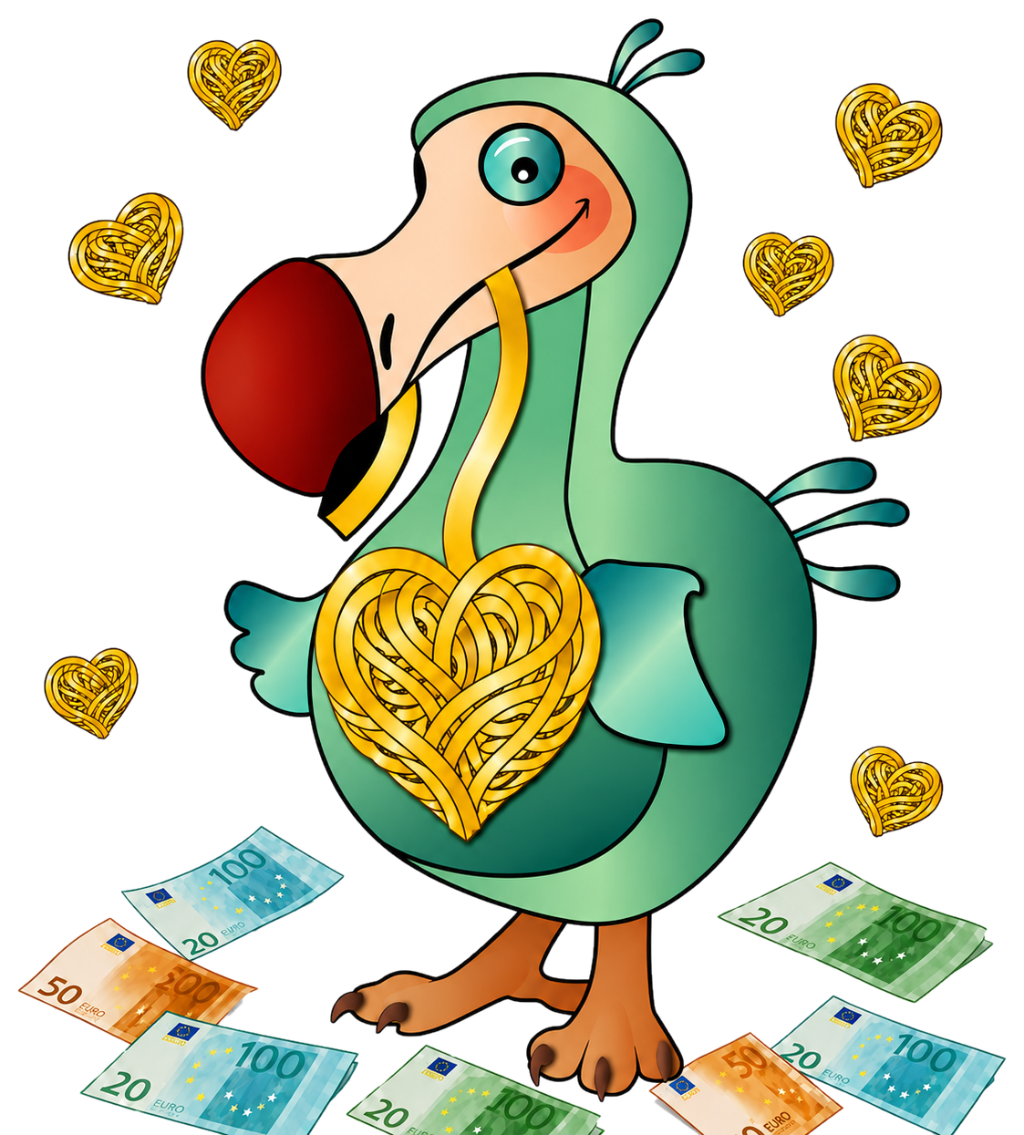 Dodo mit Nudelherz und Geldscheinen
